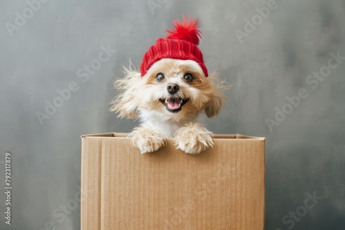 Clown dog with red wig and hat popping out of box