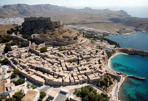 'Greece Aerial view Rhodes village Acropolis ancient Lindos Background Beach Summer Travel House City Landscape Building White Sea Architecture Blue Vacation Old Greece Stone Europe Beautiful Castle'