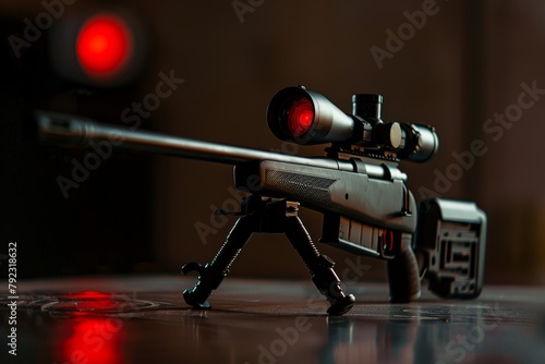 Contemporary 22lr sniper rifle with scope on bipod for shooting long distances against dark backdrop with red target