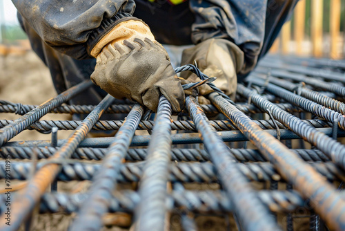 Closeup of construction workers hands tying rebar