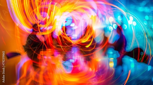 Swirls of colorful lights and unfocused figures in a dimly lit room symbolic of a bustling boardroom where intense discussions and conflicting ideas collide in the pursuit of innovative .