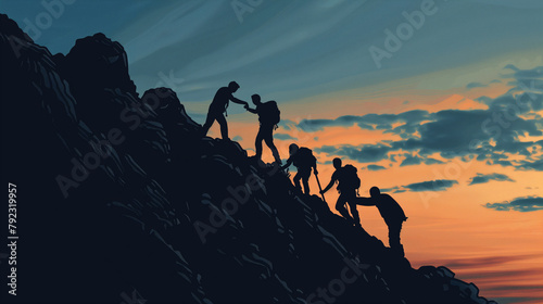 A group of people are climbing a mountain together. The image has a mood of teamwork and camaraderie