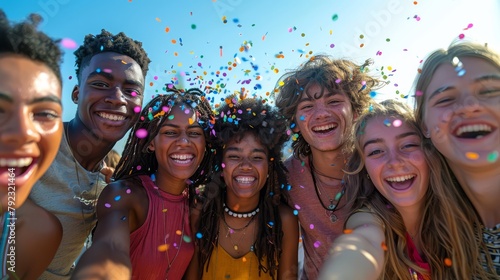 Large group of friends taking selfies, smiling for the camera - young people laughing, celebrating. Portraits of young men and women enjoying a vacation.