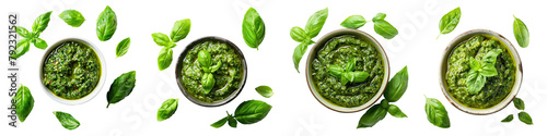 Collection of pesto sauce in bowl and basil leaves cutout clipping path png isolated on white or transparent background