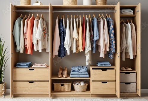 a modern wardrobe filled with stylish spring clothes, blending trends with comfort and functionality