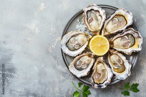 Fresh oysters with lemon on grey background top view Seafood dinner with champagne in restaurant