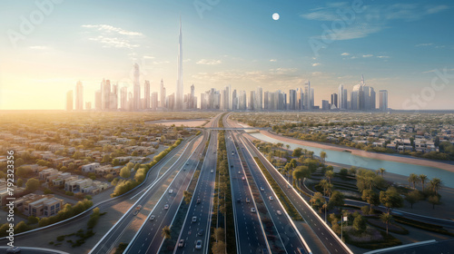 Sunrise over modern city skyline with highways