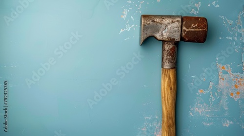 An old rusty hammer on blue background. 
