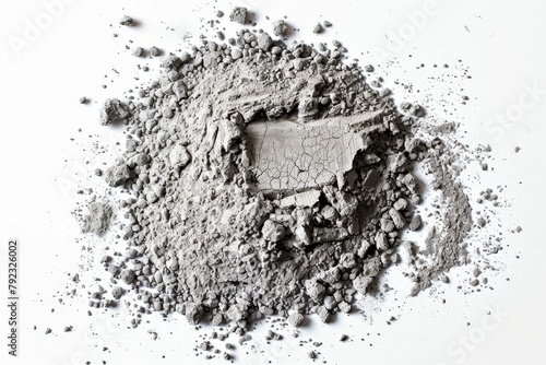 Gray cement powder on white background top view