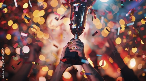 In a sea of blurred lights and confetti the victorious team stands tall with beaming smiles clutching their wellearned trophy as the crowd roars in celebration. .