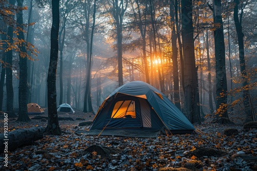 A campsite nestled in a forest clearing, symbolizing adventure and connection with nature
