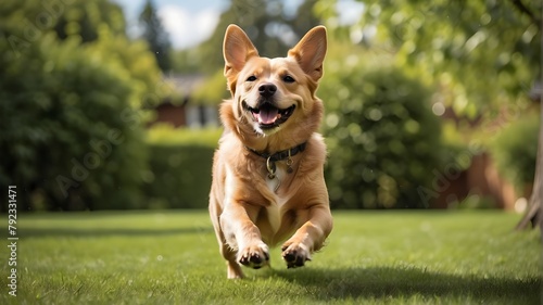 A happy pet dog enjoying a summer day while playing on a verdant lawn in a full length photograph.