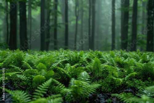 Close-up of ferns and undergrowth in a misty forest, highlighting the ecosystems richness