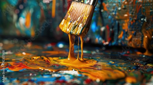 close up of a drooping paint drop with brush with blurred wall paint background 