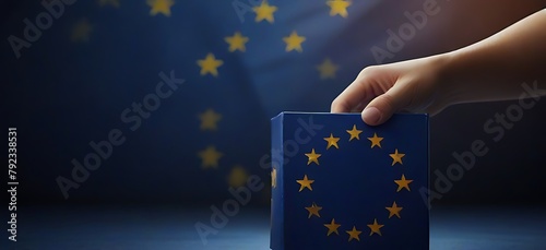 Voting / election concept: hand holding voting card with country national flag, inserting it into white ballot box; clean neutral background — European Union