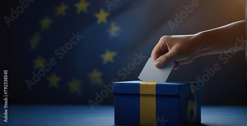 Voting / election concept: hand holding voting card with country national flag, inserting it into white ballot box; clean neutral background — European Union