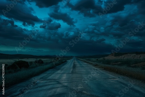 Night road with cumulus clouds in the background
