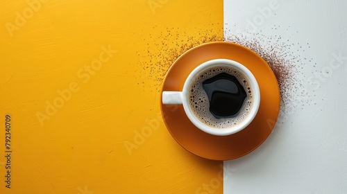 top view of coffee cup on yellow and white background illustration