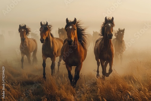 A herd of wild horses galloping across a meadow, the epitome of freedom