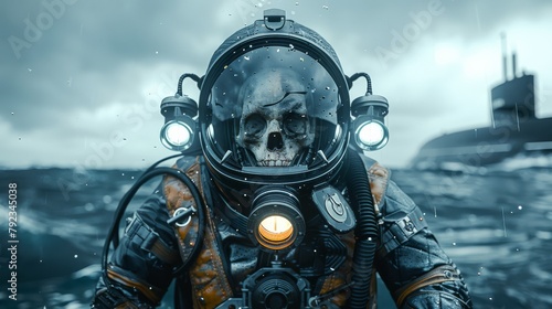 Horror, corpse with skull wearing sci-fi diving suit with lamp and glass visor, modern submarine as background, underwater, ocean, deep sea, creepy, scary, dead space.