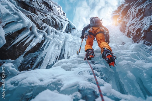 An ice climber ascending a frozen waterfall, the ice axes and crampons glinting in the cold light