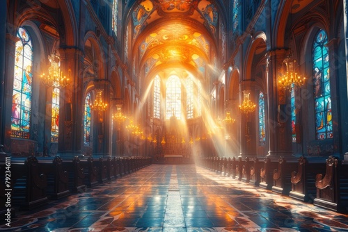 The solemn ambiance inside a historic cathedral, with light streaming through stained glass windows