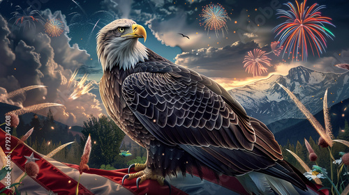 Majestic Eagle Celebration, Digital illustration of a bald eagle with a backdrop of fireworks and mountains.