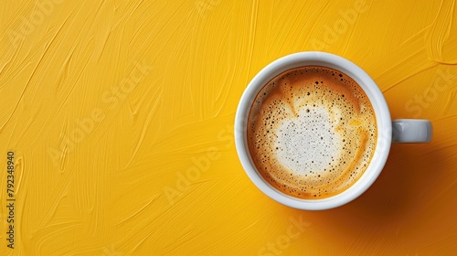 Top view of a coffee cup with a funny pun about coffee on a yellow and white background.,art photo