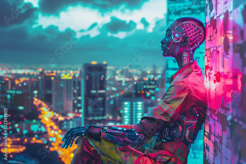 Cybernetics Human with bionic limbs styled in 70s fashion against a backdrop of futuristic metropolis