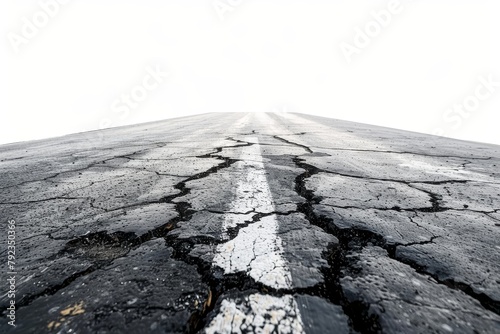 Cracked old road on white background leading into the distance