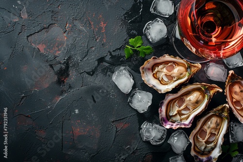 Delicious oysters with ice and wine viewed from above