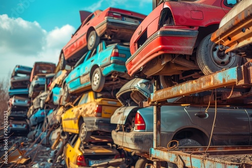 Many old cars in junkyard prepared for recycling with tow truck
