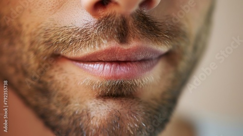 A mans face turns from irritation to amut his lips curling into a small smile. .