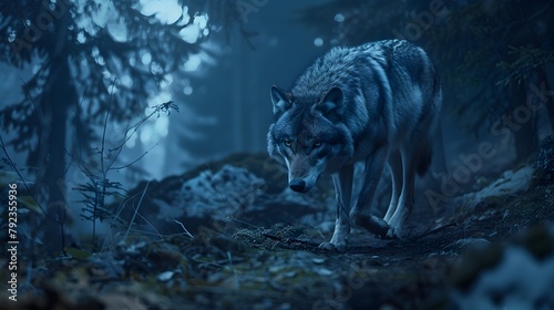 Lone Wolf Prowling Through Moonlit Forest,Embodying Independent Spirit