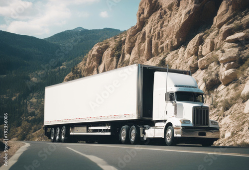 'big white semi goods rig transporting turning truck refrigerated trailer wall road mountain rock hauler freight trucking transportation transport semi-truck grille cargo'