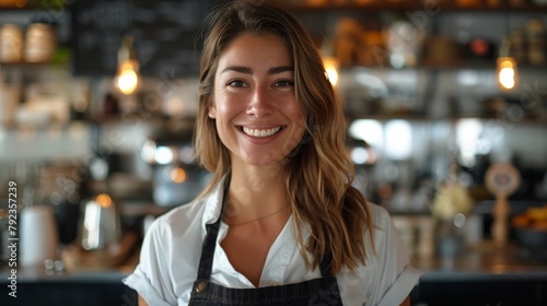 Content waitress in bistro soft background lights