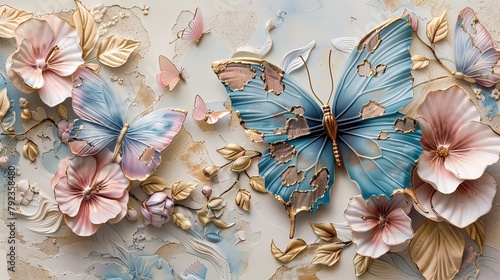 Enchanted Elegance: A Gilded Dance of Butterflies and Blossoms.