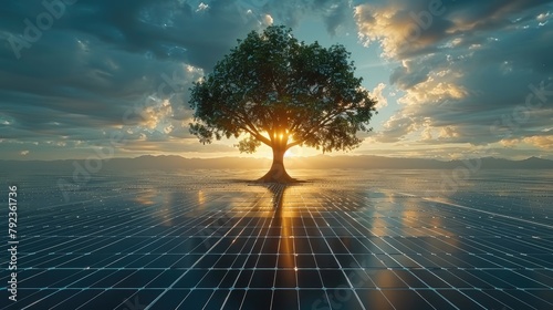 a young vibrant tree sprouting from the center of a field of solar panels symbolizing the growth of renewable energy and a sustainable future with zero carbon emissions,art illustration