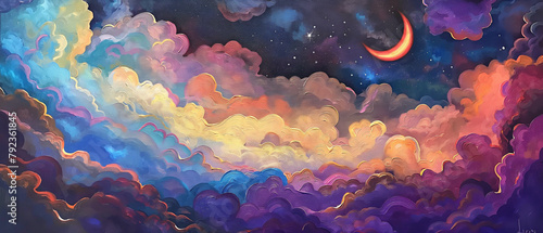 Oil painting，colorful clouds with stars and moon above, in the style of intuitive art, miniature and small-scale paintings, psychadelic