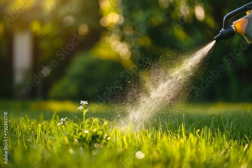 Using a portable sprayer to eliminate garden weeds with weedicide spray Pesticide use harmful weed control with weed killer