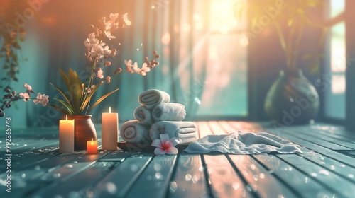 The atmosphere of the massage place has candles, towels to cover the body and pots of flowers in a comfortable atmosphere with soft sunlight on a relaxing day