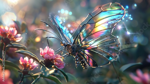 Immerse viewers in a cybernetic butterfly garden, showcasing ultra-modern insects through a macro lens close-up Experiment with iridescent digital hues to highlight metallic exoskeletons