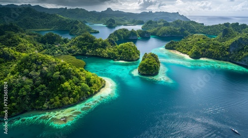 A breathtaking aerial view of a tropical island archipelago in the Pacific Ocean, with turquoise waters and lush greenery.