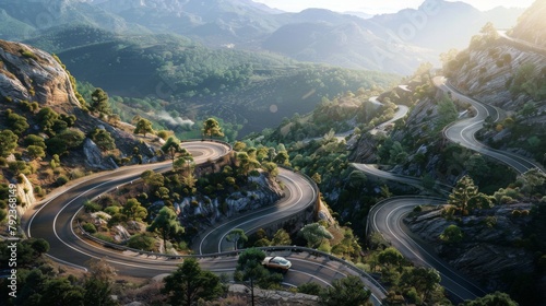 A car navigating hairpin bends on a scenic mountain highway, overlooking stunning vistas