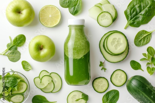 Healthy weight loss juice in a bottle made with natural and organic green vegetable smoothie ingredients like cucumber apple lime and spinach isolated on whit