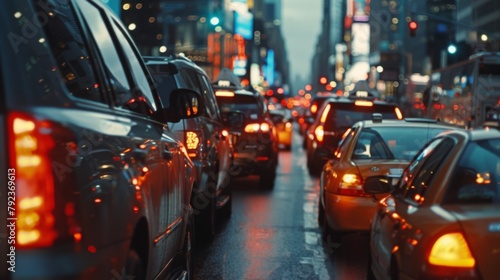A close-up of a traffic jam on a busy city street, highlighting the frustration and impatience of commuters during peak hours.