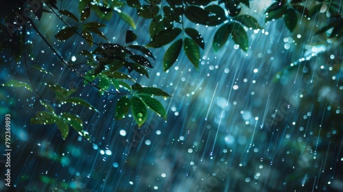 A close-up of rain-soaked foliage under a shower of shooting stars, evoking a surreal harmony of earth and sky.