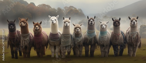 Alpaca herd in a misty morning field, display of woven alpaca fabrics and garments
