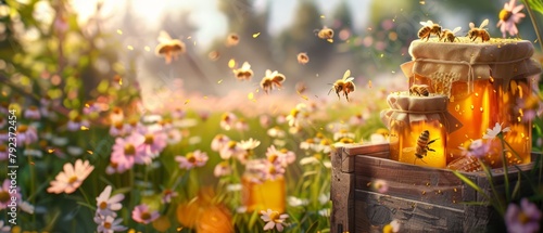 Bees buzzing around a hive in a flower field, jars of honey set on a wooden crate
