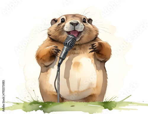 fantastic watercolor illustration of a groundhog holding a microphone 